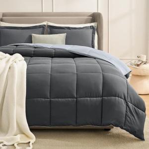 Homelike Moment Queen Comforter Set Grey, Comforters Queen Size Set, Soft Lightweight Down Alternative Bed Comforter Full Size Reversible All Season 3 Pieces Sets Grey/Light Gray, Full/Queen
