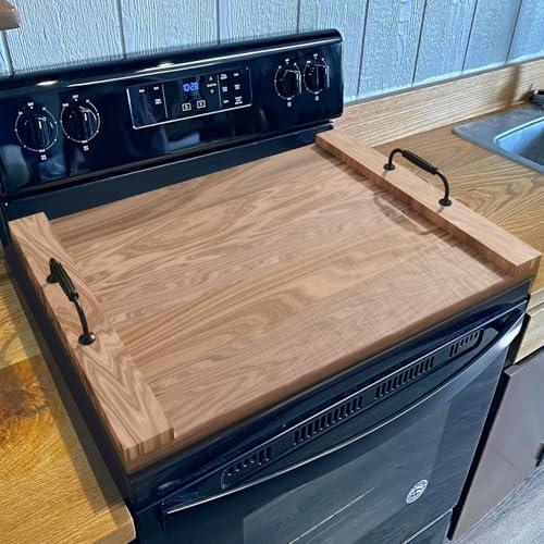 Acacia Wood Stove Top Cover with Handles for Electric Stove, Noodle Cutting Board for Gas Burners/RV Stovetop, Thick Wooden Noodle Board Gas Stove Cover & Juice Grooves for Kitchen Countertop Space
