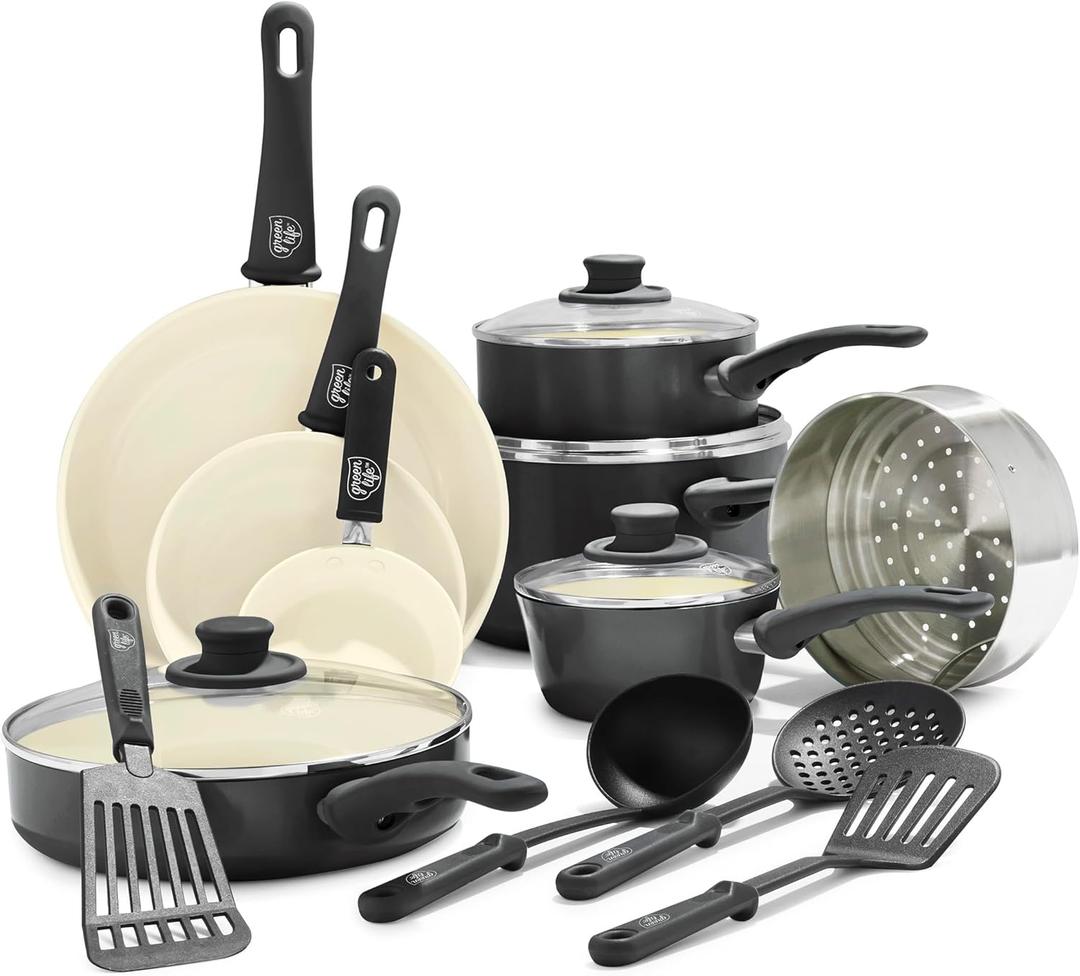 GreenLife 16 Piece Nonstick Cookware Set, Soft Grip Non-Toxic PFAS-Free Ceramic Pots & Pans, Dishwasher & Oven Safe, Frying, Sauce, Utensils, Glass Lids, Stay-Cool Handles, Wobble Free, Black & Cream