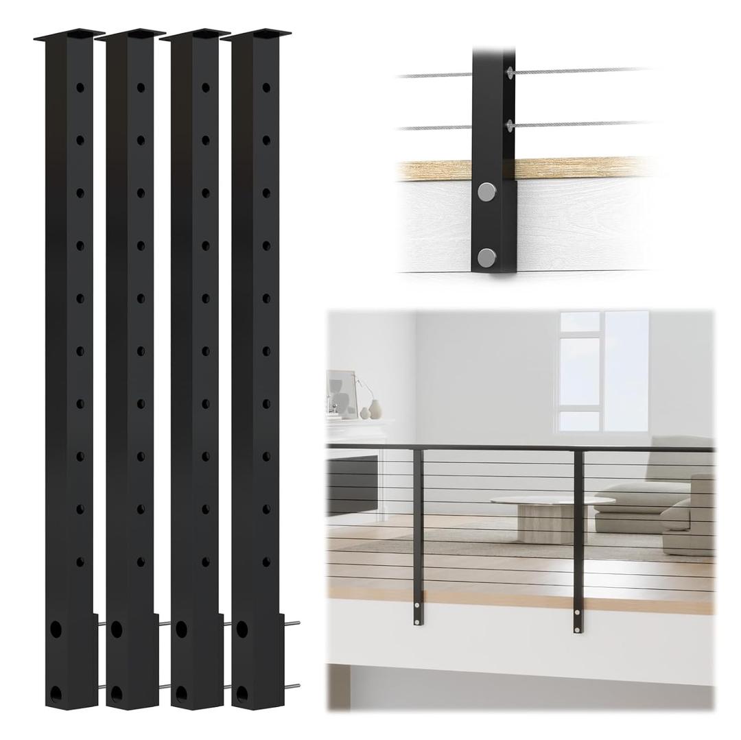 Muzata 4Pack Black Side Mount Cable Railing Post 36 Inch 36"x2"x2" Level Drilled Space-Saving Stainless Steel Cable Railing System Kit Indoor Outdoor with User Guide PF02 BH4S