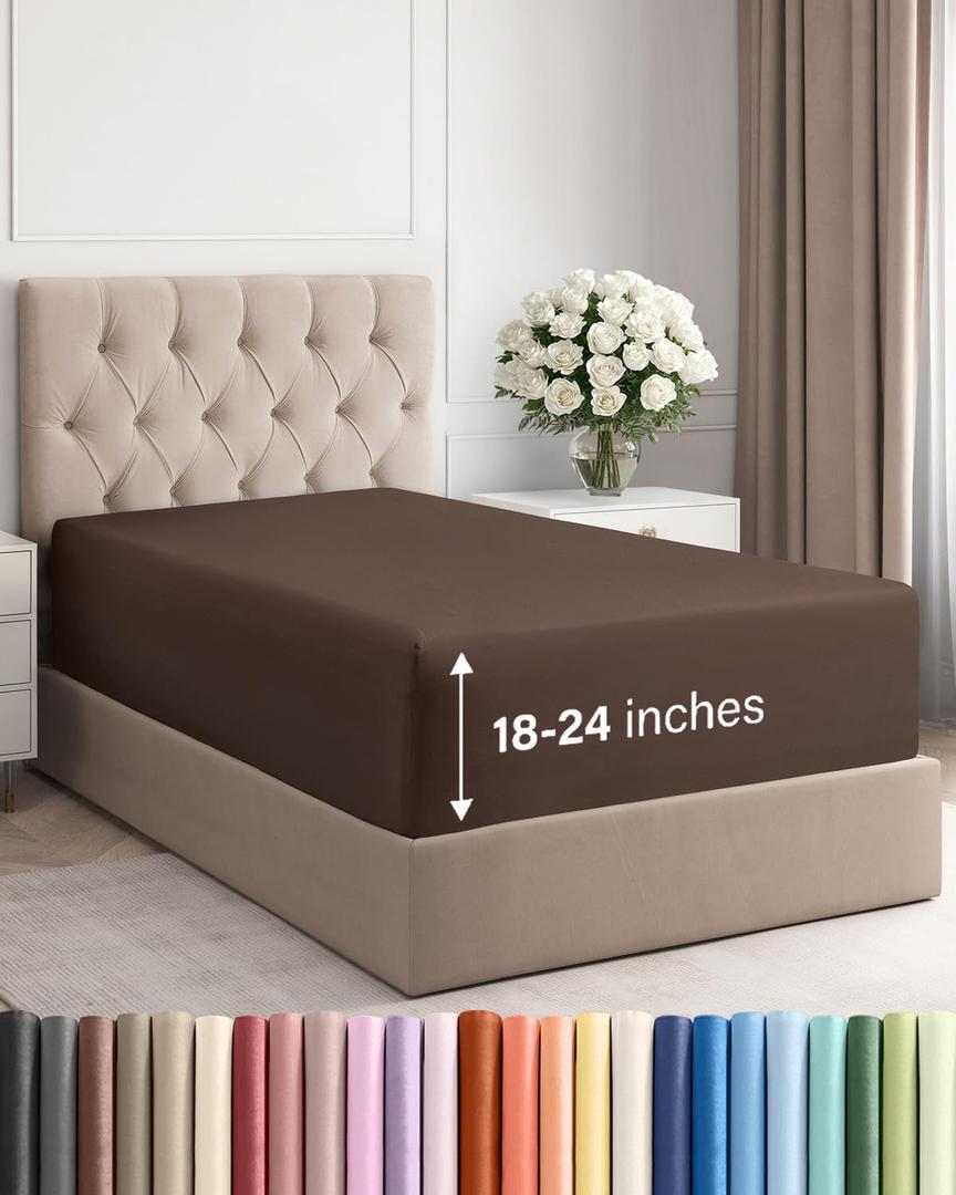 Extra Deep Twin Fitted Sheet - Hotel Luxury Single Fitted Sheet Only - Easily Fits 18 inch to 24 inch Mattress - Ultra Soft, Wrinkle Free w/Extra Deep Pockets - Easy-Care, Breathable & Comfy - Brown