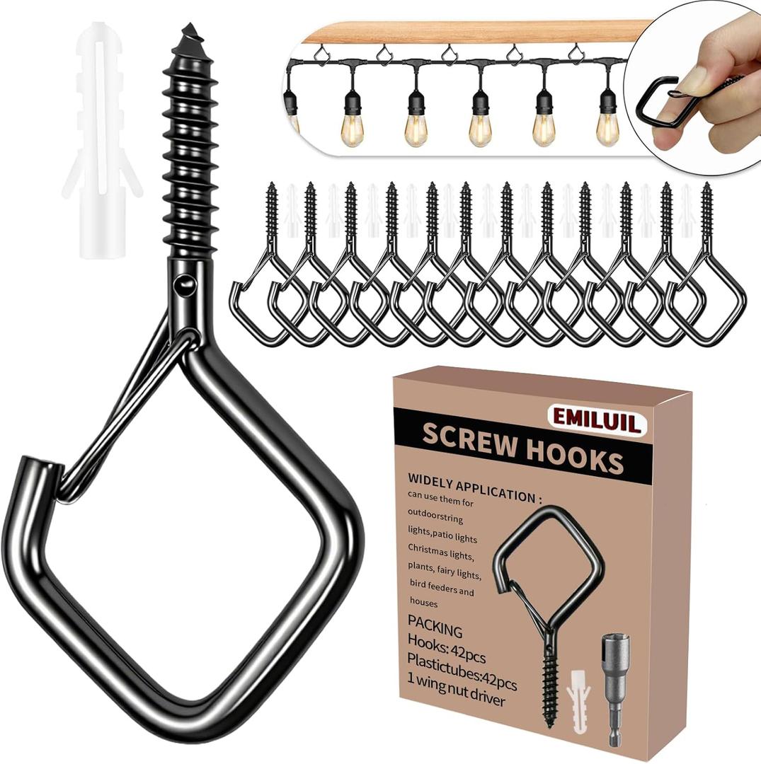 42 PCS Metal Black Eye Screw Hooks for Hanging Heavy Duty.Windproof Ceiling Hooks for Hanging Plants,Cup,Wind Chime,Bird Feeders,Christmas String Lights at Indoor&Outdoor 2.2 Inch
