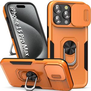 Phone Case for iPhone 15 Pro Max Case iPhone 15 Pro Max Phone Case with Camera Lens Cover, with Ring Holder Kickstand, fit Magnetic Car Mount, for iPhone 15 ProMax - Orange