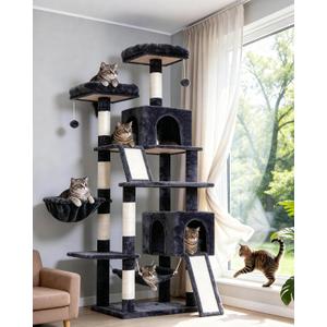 Gitelsnour Cat Tree for Indoor Cats, 71'' (180cm) Multi-Level Cat Tower for Large Adult, Sturdy Cat Tree House with 2 Scratching Boards 7 Posts, 2 Plush Perches/Condos, Hammock, Smoky Gray GCT032G