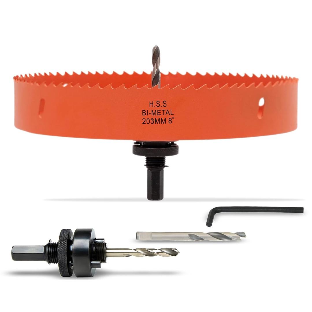 8 Inch Hole Saw with Arbor for Metal Wood Plastic, 8 in Bi-Metal Hole Cutter for Different Project with Smooth and Flat Drilling Edge, Fast Chip RemovalLighter and Portable