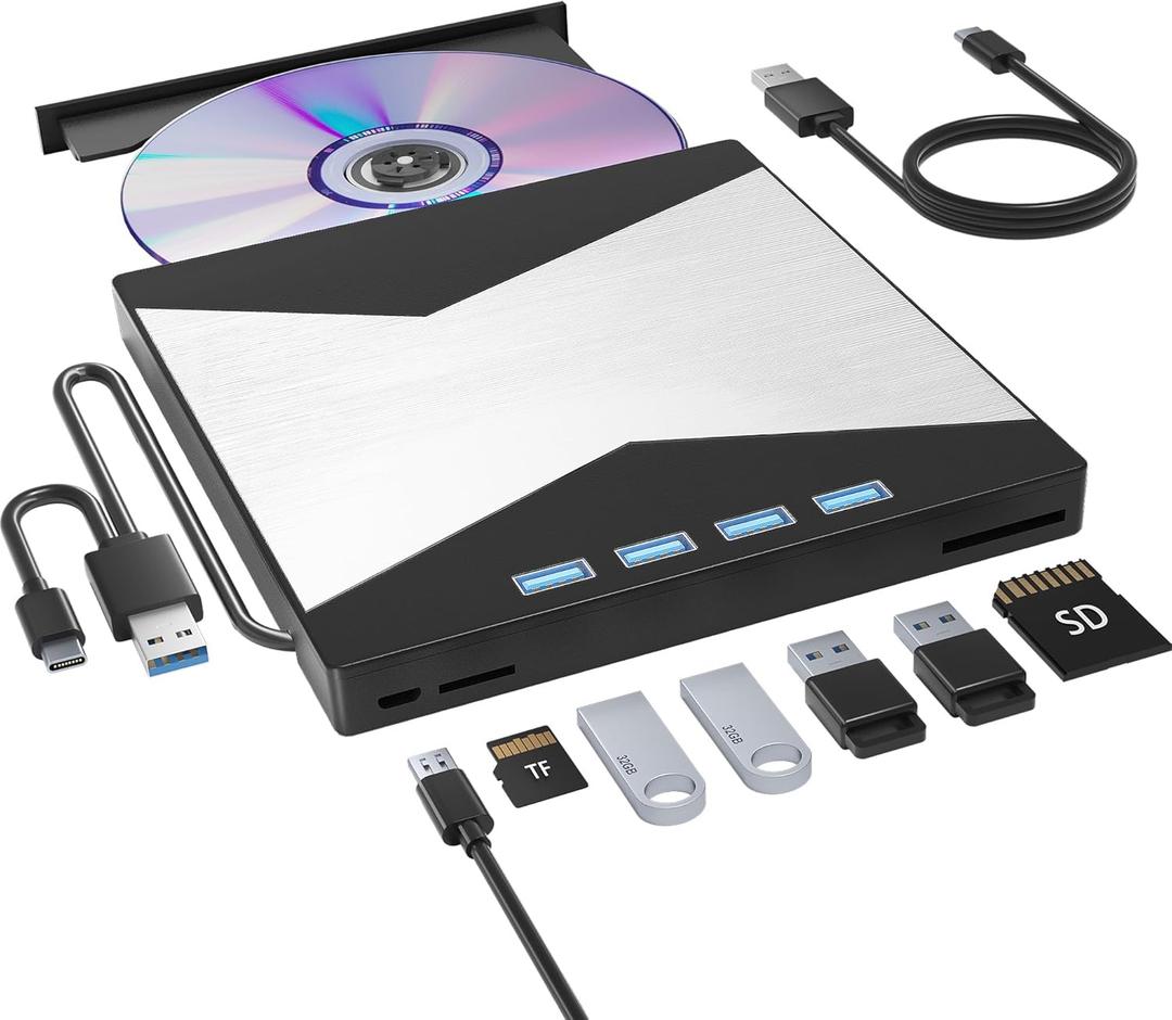 External CD/DVD Drive for Laptop, DVD Player for Laptop, 8 in 1 Ultra-Slim CD Burner with 4 USB Ports and 2 TF/SD Card Slots, External Disk Drive Optical Compatible with Desktop Mac Windows External CD/DVD Drive for Laptop, DVD Player for Laptop, 8 in 1 Ultra-Slim CD Burner with 4 USB Ports and 2 TF/SD Card Slots, External Disk Drive Optical Compatible with Desktop Mac Windows