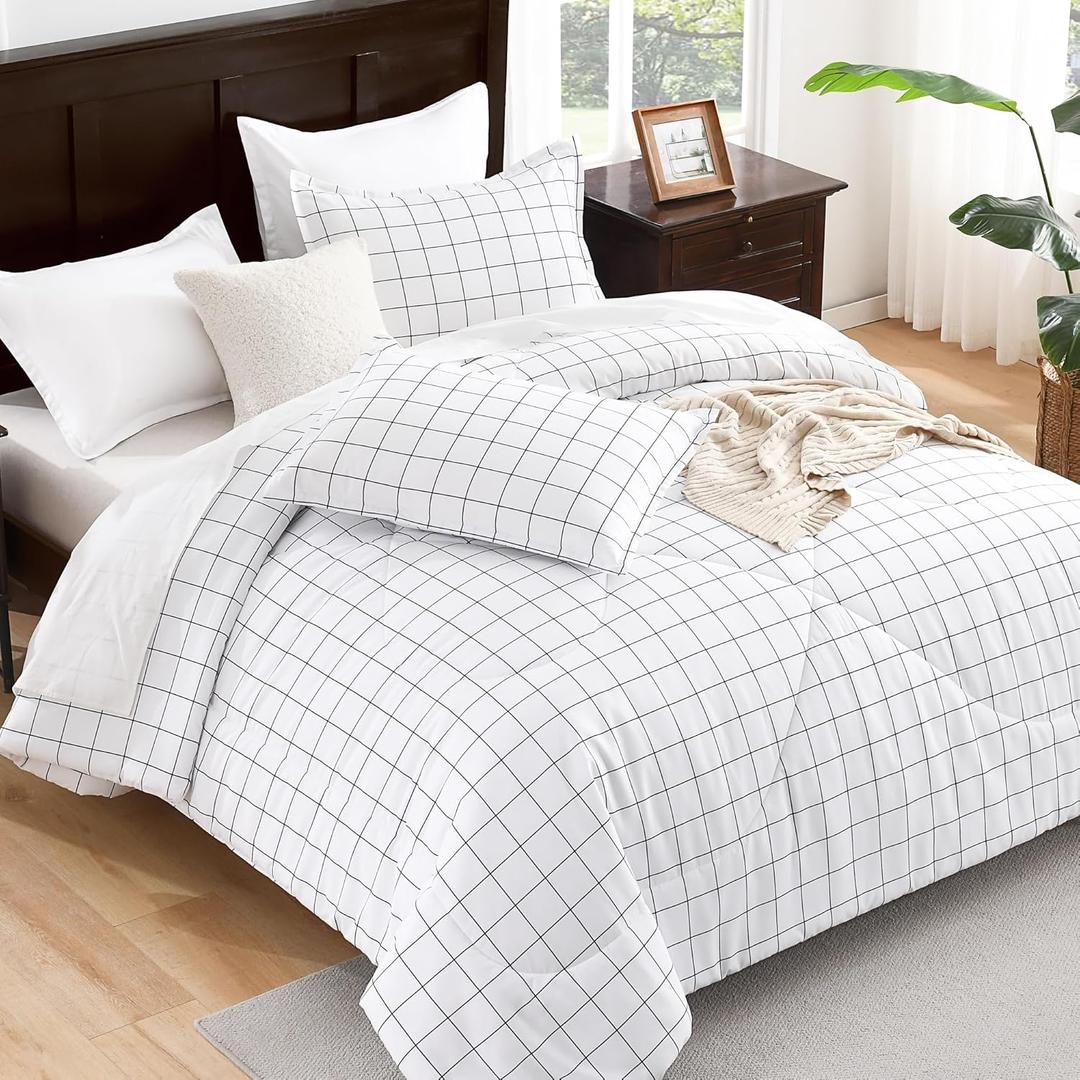 Andency White Grid Comforter Set Twin Size (66x90 Inch), 2 Pieces(1 Grid Comforter and 1 Pillowcase), Summer Lightweight Microfiber Down Alternative White Comforter with Black Lines for Kids Girls