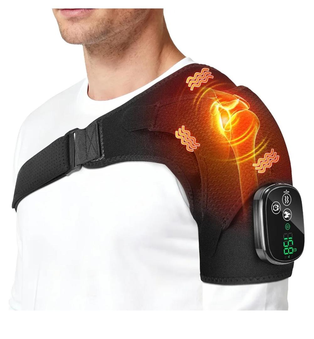 YUANBO Cordless Shoulder Heating Pad with Massager, Portable Shoulder Massager Wrap with 6 Timer & 3 Vibration for Rotator Cuff Frozen Pain Relief with 6 Heat & Timer Modes Warmer Gift for Men Women