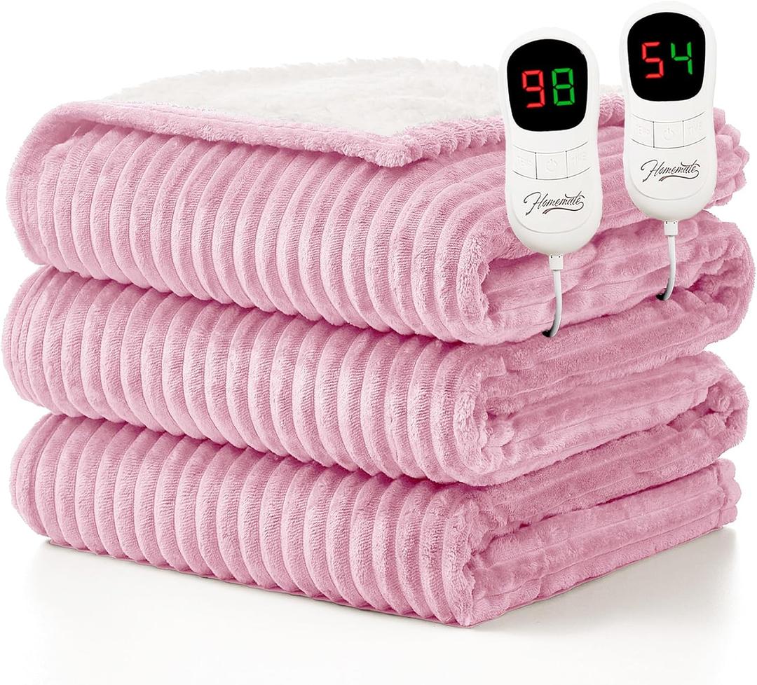 Homemate Electric Heated Blanket King Size - 100"x90" Heating Blanket King Size Dual Control 1/2/4/6/8 Hours Auto-Off 10 Heat Level Over-Heat Protection Soft Flannel Sherpa ETL Certification (06 - Pink(striped))