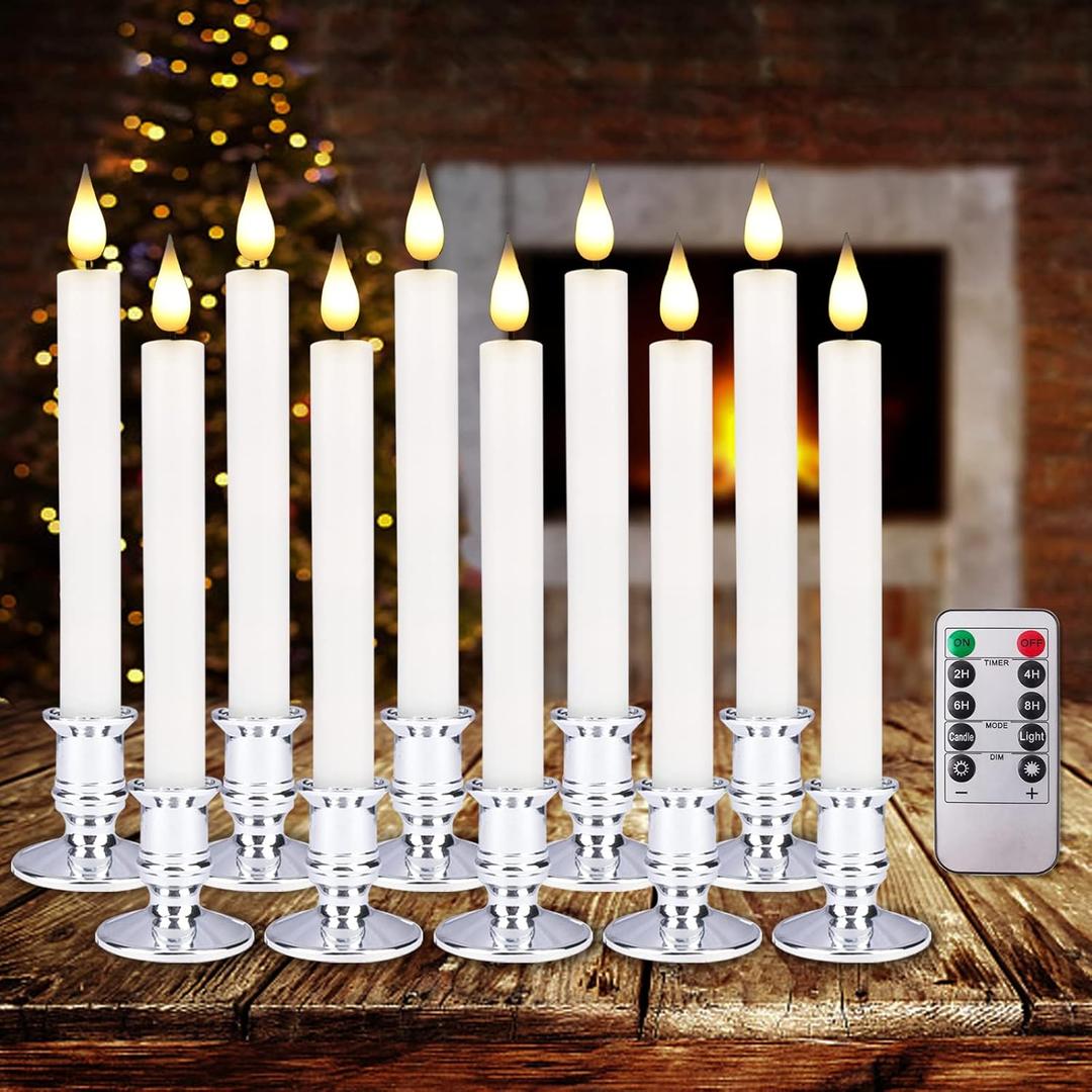 Bociks Flameless Window Candles with Remote Timer 10 PCS Battery Operated LED Flickering Taper Candle Lights with Removable Sliver Candle Holders Best Gift for Xmas Wedding Home Dinner Dcor