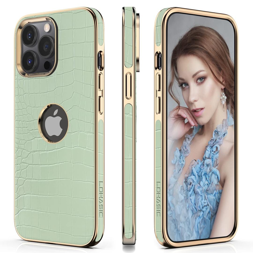 LOHASIC for iPhone 14 Pro Max Leather Case Women, Slim, Light Green Gold