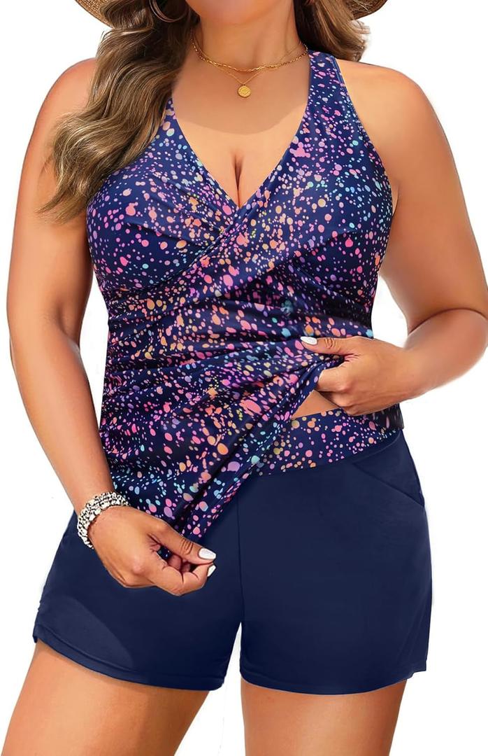 Daci Plus Size Tankini Swimsuit for Women - Two Piece Tummy Control Bathing Suit Tankini Top with Two Pockets Shorts (Star Whole Sky), 20 Plus