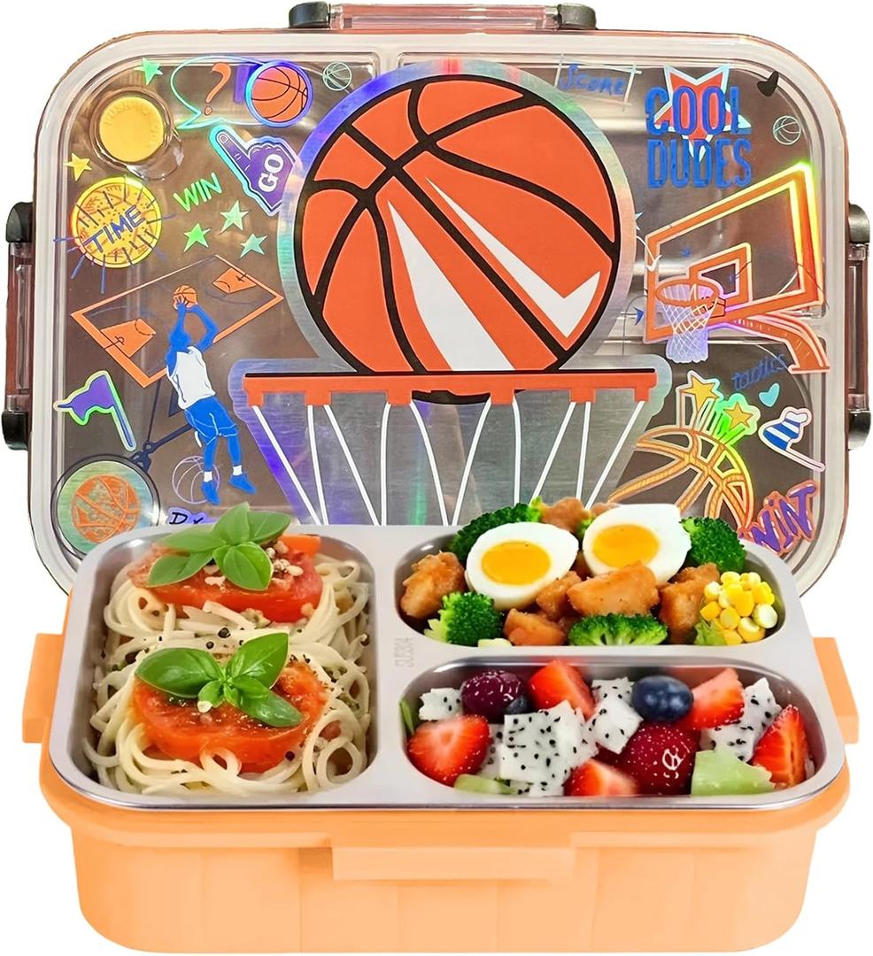 Stainless Steel Bento Lunch Box for Kids, 800ml/27oz BPA-Free Leak-Proof Food Containers with 3 Compartments, Freezer & Dishwasher Safe, Back to School Students Lunches Size for Ages 3-7 (B12. Basketball)