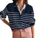 Hongsui Women's Color Block Striped Sweaters Button Up Crewneck Pullover Ribbed Knit Sweater Tops (Navy, Small)