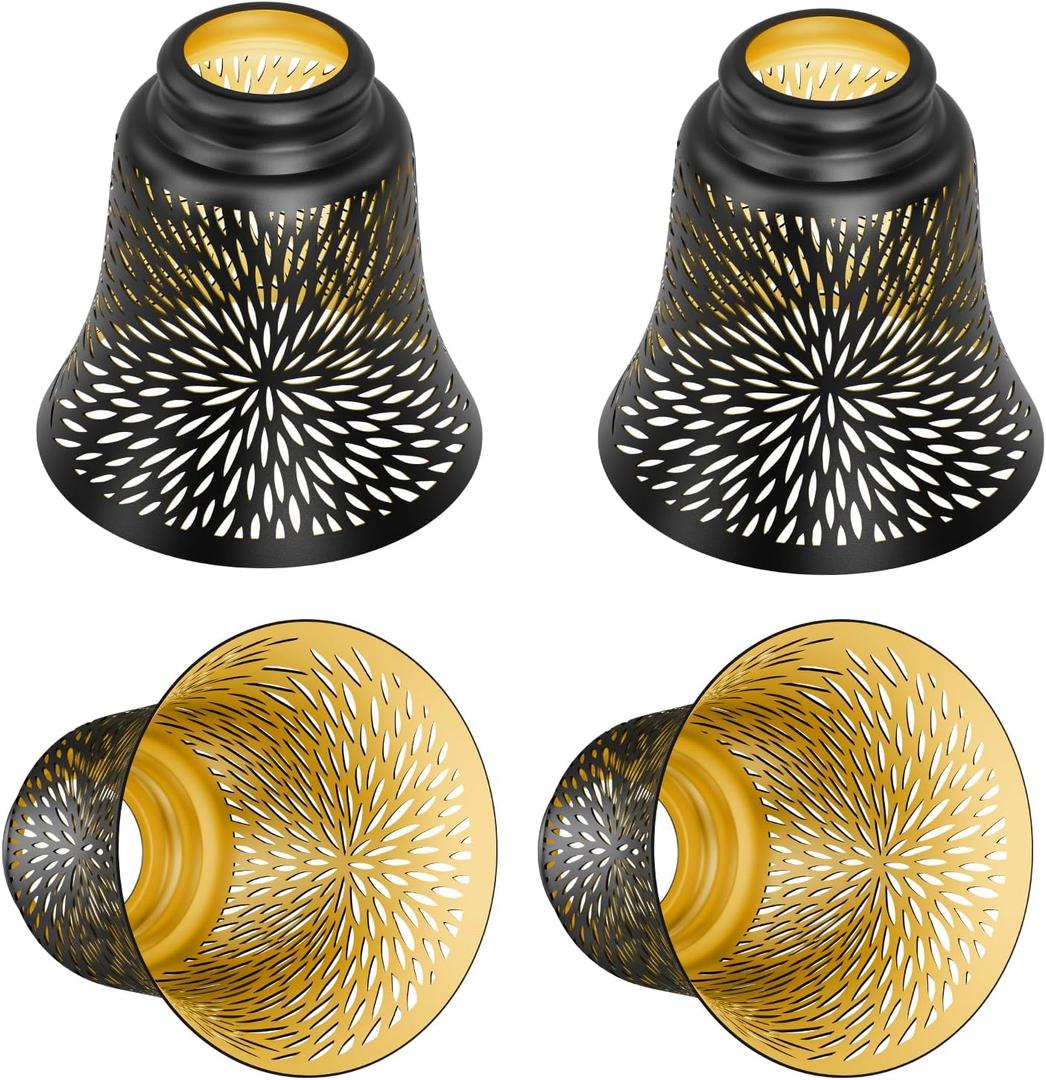 Ceiling Fan Replacement Globes, 4 Pack Chrysanthemum Pattern Fixture Replacement Globes Shades with 1-5/8" Fitter, ALUCSET 4.5" Height and 4-3/4" Diameter, Metal Cover for Pendant Lamp Wall Lamp (Black Gold Chrysanthemum)