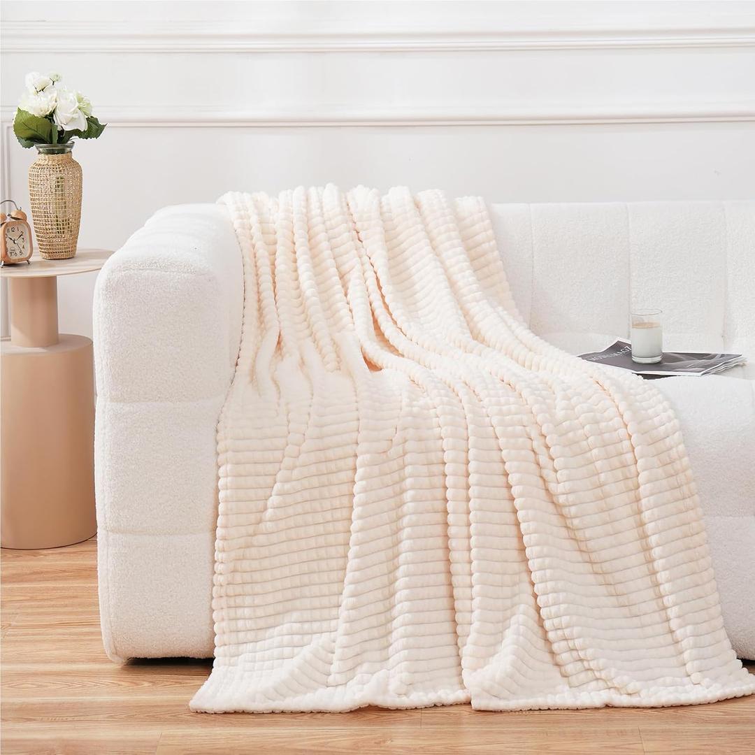 Puncuntex Flannel Fleece Throw Blanket Cream White 50"60",Super Soft Plush Cozy Blanket with 3D Jacquard Square Grid Design Luxury for Couch Sofa Chair