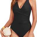 Zando Women V Neck Ruched One Piece Swimsuit Tummy Control Front Cross Wrap Bathing Swim Suit Swimwear (Black, L)