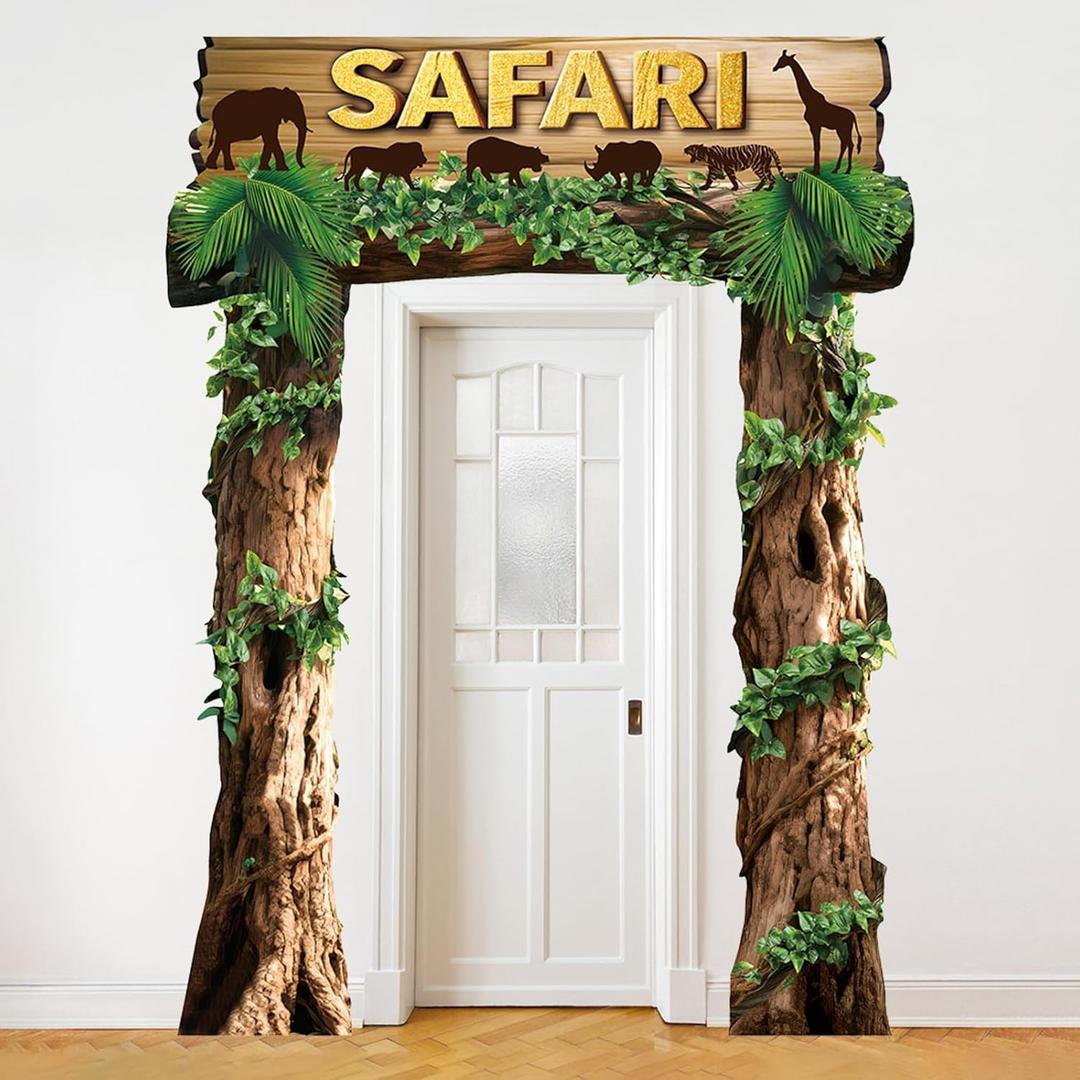 Jungle Animals Birthday Party Decorations Safari Porch Banner Backdrop Safari Party Supplies Door Decoration Banner Photo Booth Backdrop Hanging for Zoo Animals Birthday Photo Booth Props