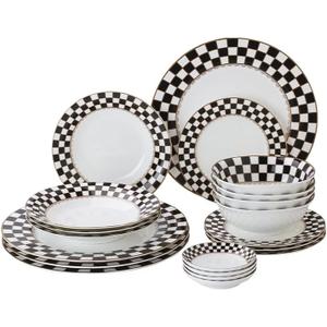 Porlien Checker Pattern 20-piece Round Dinnerware Set for 4, Porcelain Dinner Sets, 11 inches