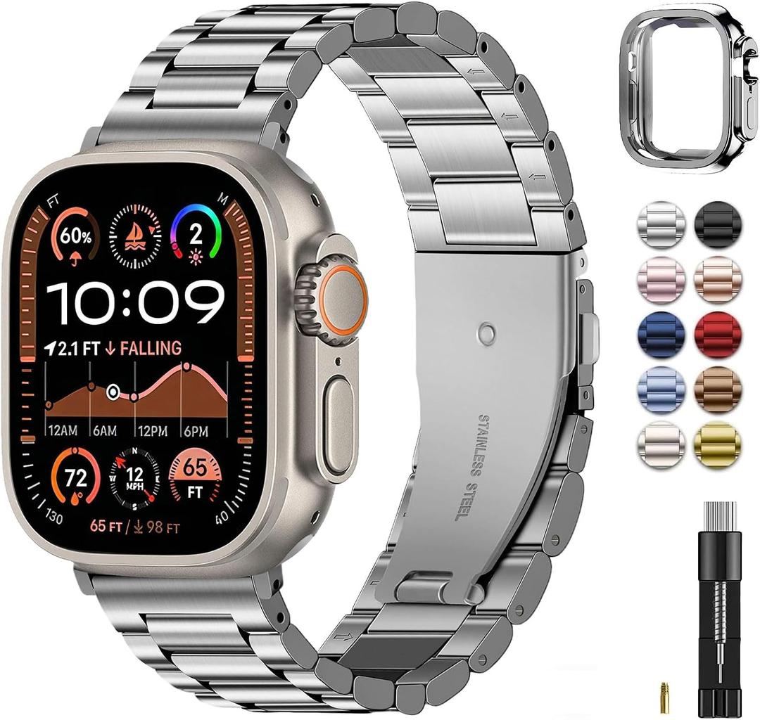 Fullmosa Metal Band Compatible with Apple Watch Bands Ultra3 2 1 49mm, Stainless Steel Strap iWatch Band with Case for Apple Watch, Silver