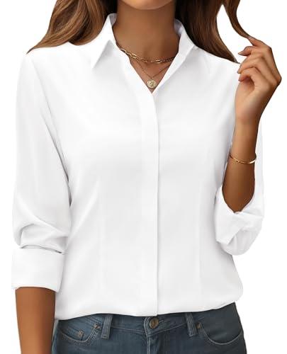 siliteelon Button Down Shirts for Women: Classic Fit Stain Resistant Long Sleeve Dress Shirt Wrinkle Free Business Blouse Office White Medium