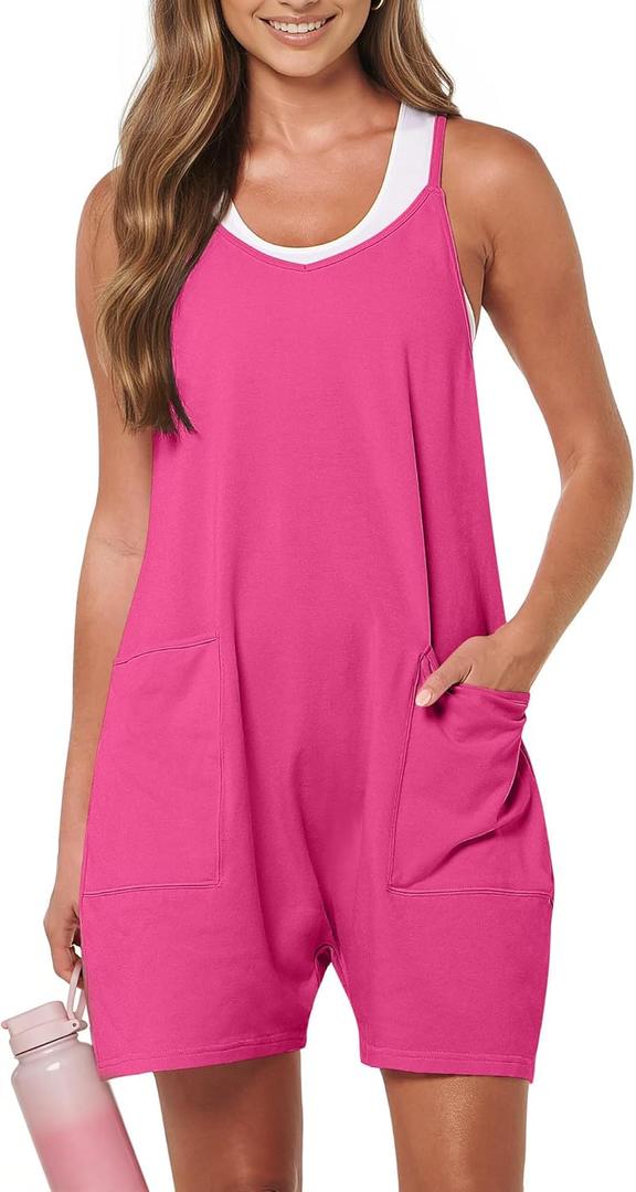 Womens Romper Shorts for Summer Casual Loose Sleeveless Spaghetti Strap Overalls Jumpsuit with Pockets 2026 Outfits (Pink, L)