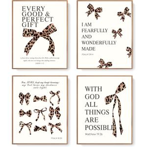 LARTSFRO Coquette Leopard Bow Wall Art Decor Posters, Y2K Cheetah Leopard Bow Room Bedroom Bathroom Dorm Wall Art Decor Aesthetic for College Teen Girls Gifts, Inspirational Bible Verses Bow Wall Decor, 10x8 Inch Set of 4 Pcs Cheetah Bow Pictures (UNFRAMED) (8X10in)