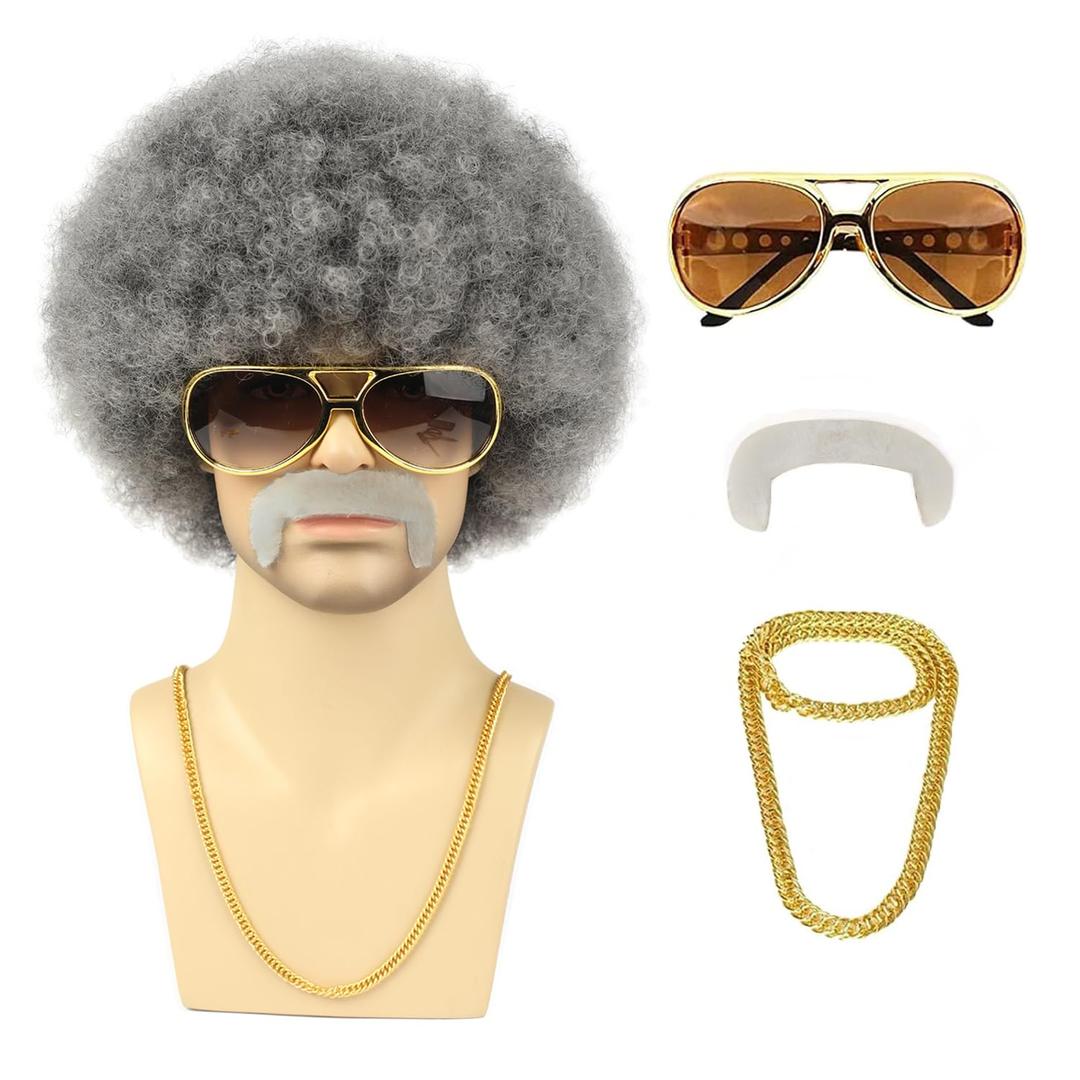 Grey Afro Wig for Men With Glasses Necklace Mustache and Wig Cap 70s 80s Natural Fluffy Afro Disco Costumes Wig Curly Synthetic Hair Wig for Halloween Chrismas Cosplay Party