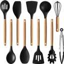 CAROTE Silicone Cooking Utensils Set for Nonstick Cookware, 446F Heat Resistant Kitchen Utensil Set with Wooden Handle 10pcs, Spatula, Turner, Spoon, Tongs, Whisk