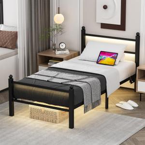 Twin Bed Frames with Charging Station & LED Lights, Metal bed frame twin size with Headboard and Footboard, Heavy Duty Slats Support Platform, No Box Spring Needed, Noise Free, Easy Assembly, Black