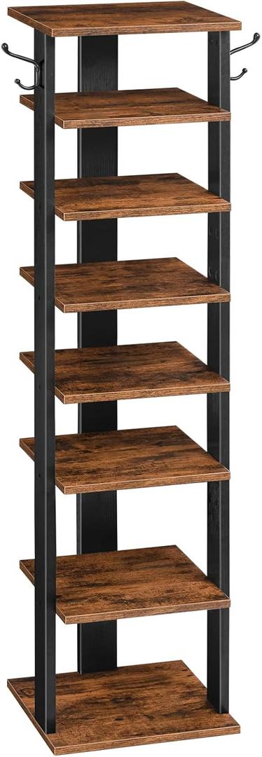 HOOBRO 8 Tiers Vertical Shoe Rack, Wooden Shoe Storage Organizer with Hooks, Narrow Shoe Tower for 8 Pairs, Space Saving, for Entryway, Living Room, Bedroom, Rustic Brown BF07XJ01G1