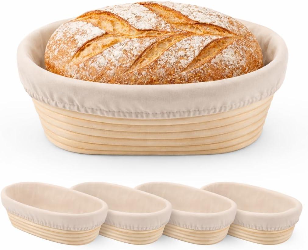 4 Pack 10 inch Oval Banneton Bread Proofing Basket Sourdough Bread Baking Supplies Baking Gifts Rattan Proofing Bowl with Liners for Artisan Bread Baking Home Kitchen