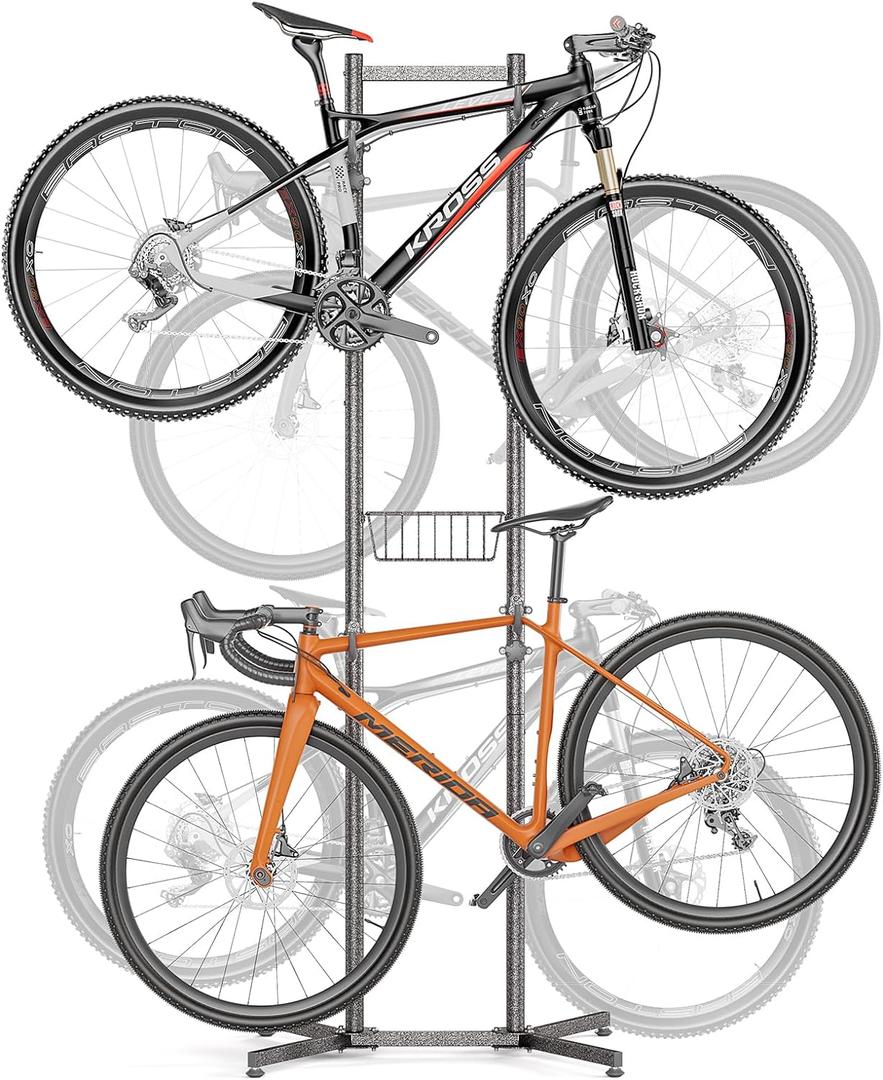 CXWXC 2-/4-Bike Storage Rack with Basket - Indoor Bike Rack for Garage/Apartment - Road Mountain and Hybrid Bike Garage & Home