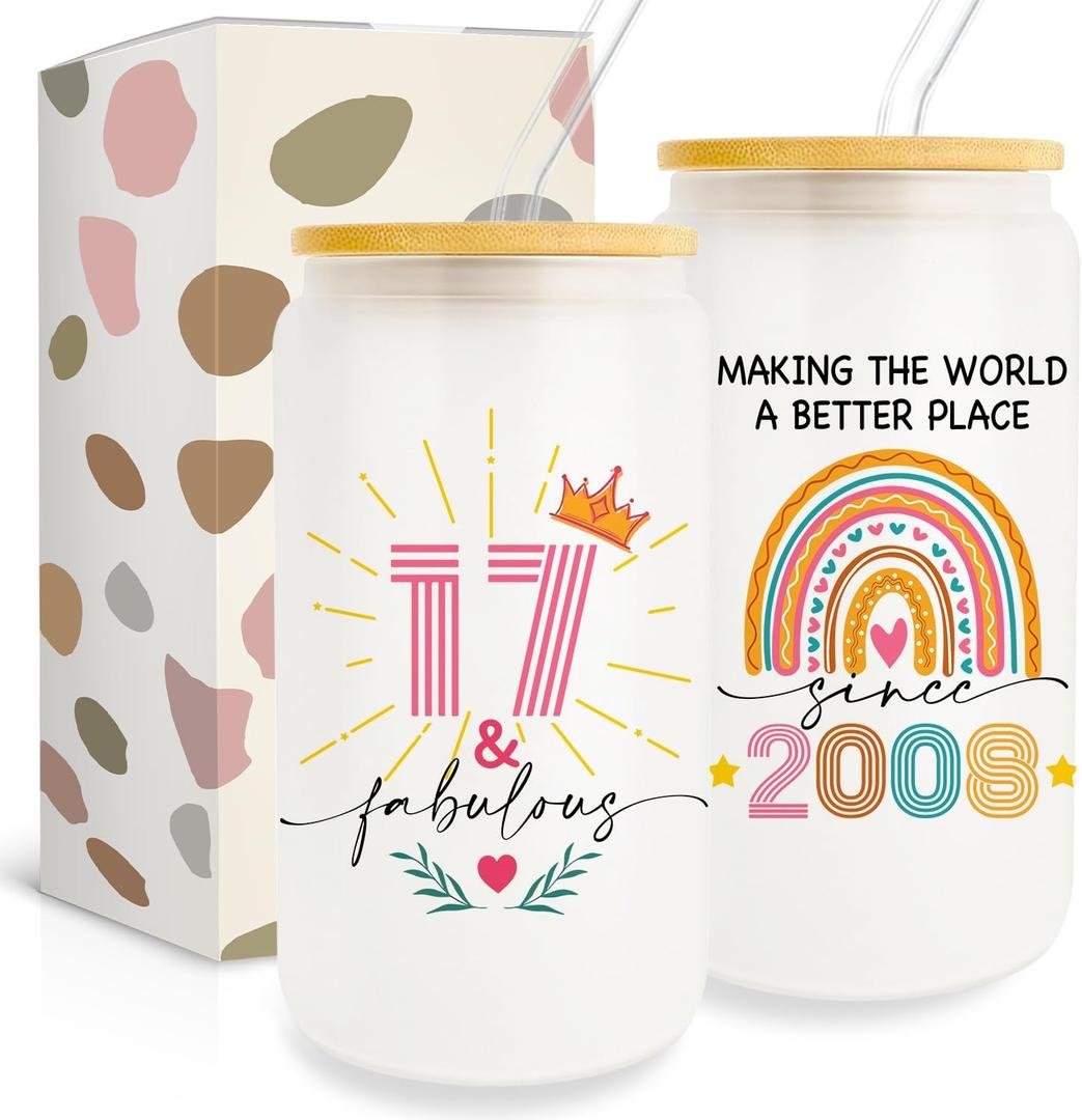 Gifts For 17 Year Old Girl, 17 Year Old Girl Gifts, 17th Birthday Gifts for Girls, 2008 Birthday Present, Happy 17th Birthday Glass Cups with Lids and Straws, 17th Birthday Decorations for Girls
