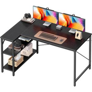Huuger L Shaped Desk, 47 Inches Computer Desk with Reversible Storage Shelves, Gaming Corner Home Office Writing Study with Metal Frame, Black