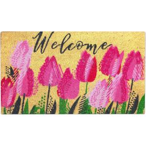 Coir Door Mat, Inside & Outside, Welcome, Heavy Duty, Non-Slip PVC Backed 
(Tulips)