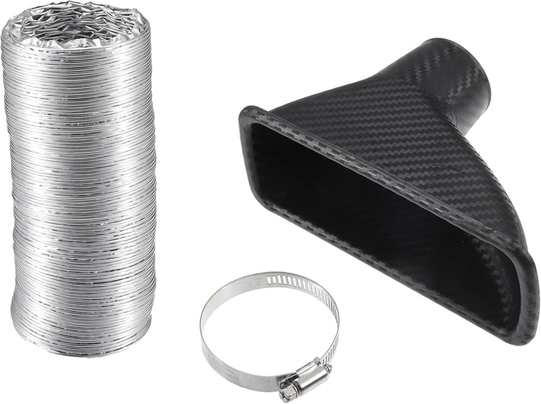 Air Intake Duct, Front Bumper Car Square Brake Air Duct with Extendable Flexible Hose and Hose Band Plastic Aluminum Black, 1 Set