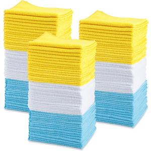 Amazon Basics Microfiber Cleaning Cloths for Cars, Non-Abrasive, Highly Absorbent, Lint and Scratch-Free, Reusable and Washable, 16" x 12", Blue/White/Yellow, (46 White, 44 Blue, 47 Yellow, 137 Total)