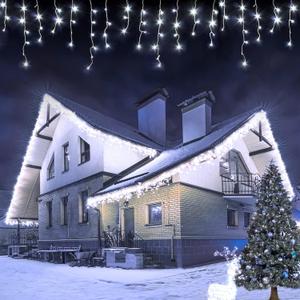 Icicle Christmas Lights, 62FT LED Icicle String Lights with 144 Drops, Outdoor/Indoor Use, 8 Modes, Cool White