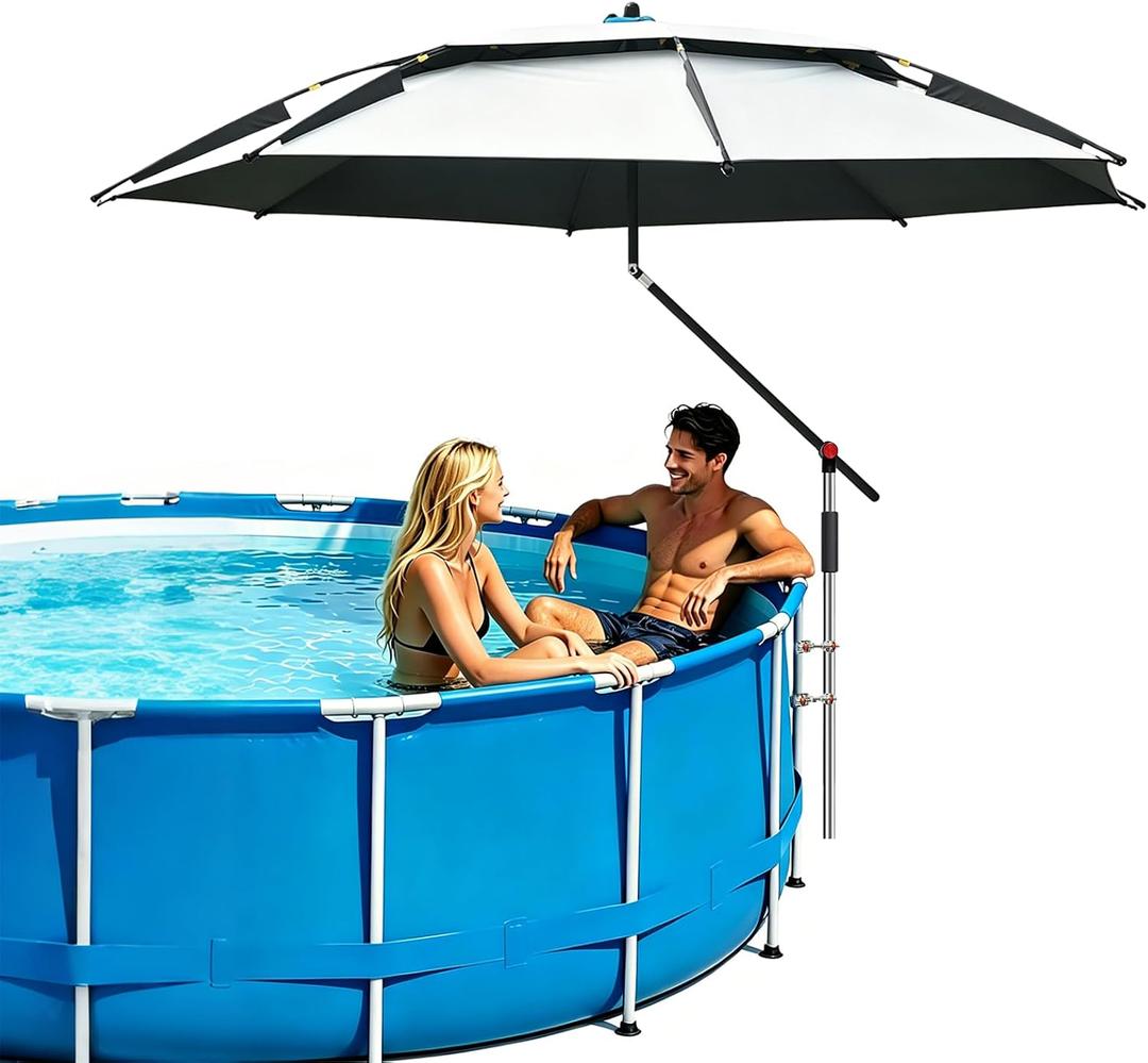Above Ground Pool Umbrella 7.9 FT, UPF 50+ Sun Protection, 360° Rotating & Tilt Adjustable, Rust-Resistant Stainless Steel Clamp, with Ground Stake & Carry Bag, Outdoor Umbrella for Patio, Beach, Camping – White, Extra Large