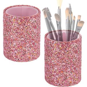 2Pcs Pink Glitter Makeup Brush Cups  Desk or Vanity Containers for Brushes, Eyebrow Pencils, Eyeliner, Lip Tools and More