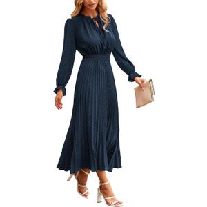 PRETTYGARDEN Women's 2026 Spring Fall Midi Dress Casual Long Sleeve V Neck Swiss Dot Pleated A Line Flowy Dresses (Blue, XL)