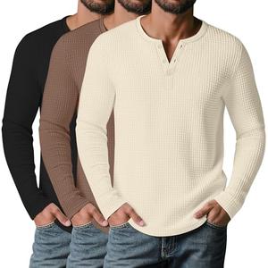 Velvelhall 3 Pack Men’s Waffle Henley Shirts, Long Sleeve Button Tops Casual Basic T-Shirts Lightweight Knit Pullover(Black, Mocha, Cream,Medium)2XL