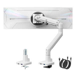 monTEK Single Monitor Arm with USB A/C, Ultrawide Monitor Stand for 17 to 57 Inch Curved Screen, Holds 59.4 lbs, Adjustable Gas Spring Arm, 75/100 VESA Mount, Clamp & Grommet Desk Mount, White