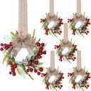 Zeyune 6 Set 9'' Mini Christmas Wreaths for Cabinets Real Touch Small Christmas Wreaths with Burlap Ribbon and Red Berry Rustic Farmhouse for Kitchen Wall Window Indoor Outdoor Chair Fireplace Decor