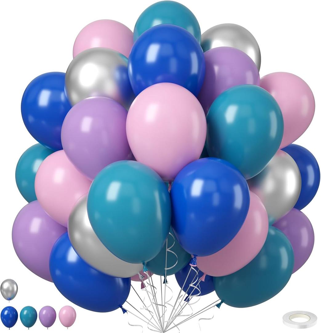 6 x Pink Blue Purple Balloons, 12 Inchs Blue Pink Metallic Silver Cartoon Theme Balloons for Kids Birthday Hawaii Tropical Party Supplies Video Gaming Baby Shower Party Decorations