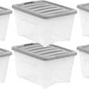 Amazon Basics Plastic Storage Containers with Secure Latching Lids, Stackable Organization Bins, Clear/Grey, 32 Quart, Set of 6