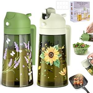 COOLMI Oil Sprayer for Cooking, 2 in 1 Olive Oil Dispenser Bottle Set for Kitchen, Food-Grade Glass Green Oil Vinegar Bottle Container - 16OZ/ 470ML Set of 2 (Beige + Green)