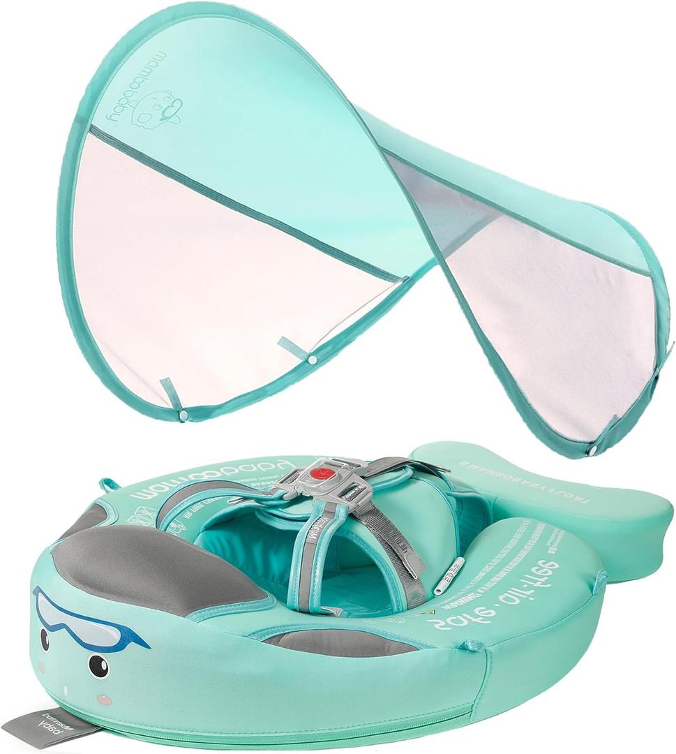 Mambobaby Float Baby Float with Canopy Non Inflatable Baby Pool Float Upgraded Tail Infant Swim Trainer Water Float for Toddler Infant 3-24 Months No Flip Over, Green, Large