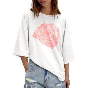 Tankaneo Womens Oversized Half Sleeve T-Shirts Summer Casual Crew Neck Tunic Tops Loose Fit Boxy Basic Tees (White) M